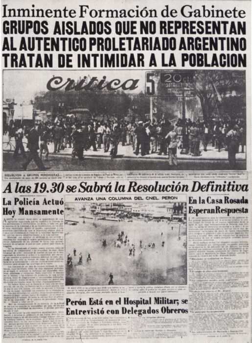 Primera página de la quinta edición del Diario Crítica del día 17 de Octubre de 1945 que provocó la indignación y la furia de algunos manifestantes