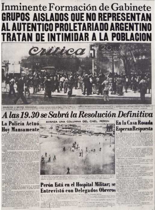 Primera pgina de la quinta edicin del Diario Crtica del da 17 de Octubre de 1945 que provoc la indignacin y la furia de algunos manifestantes
